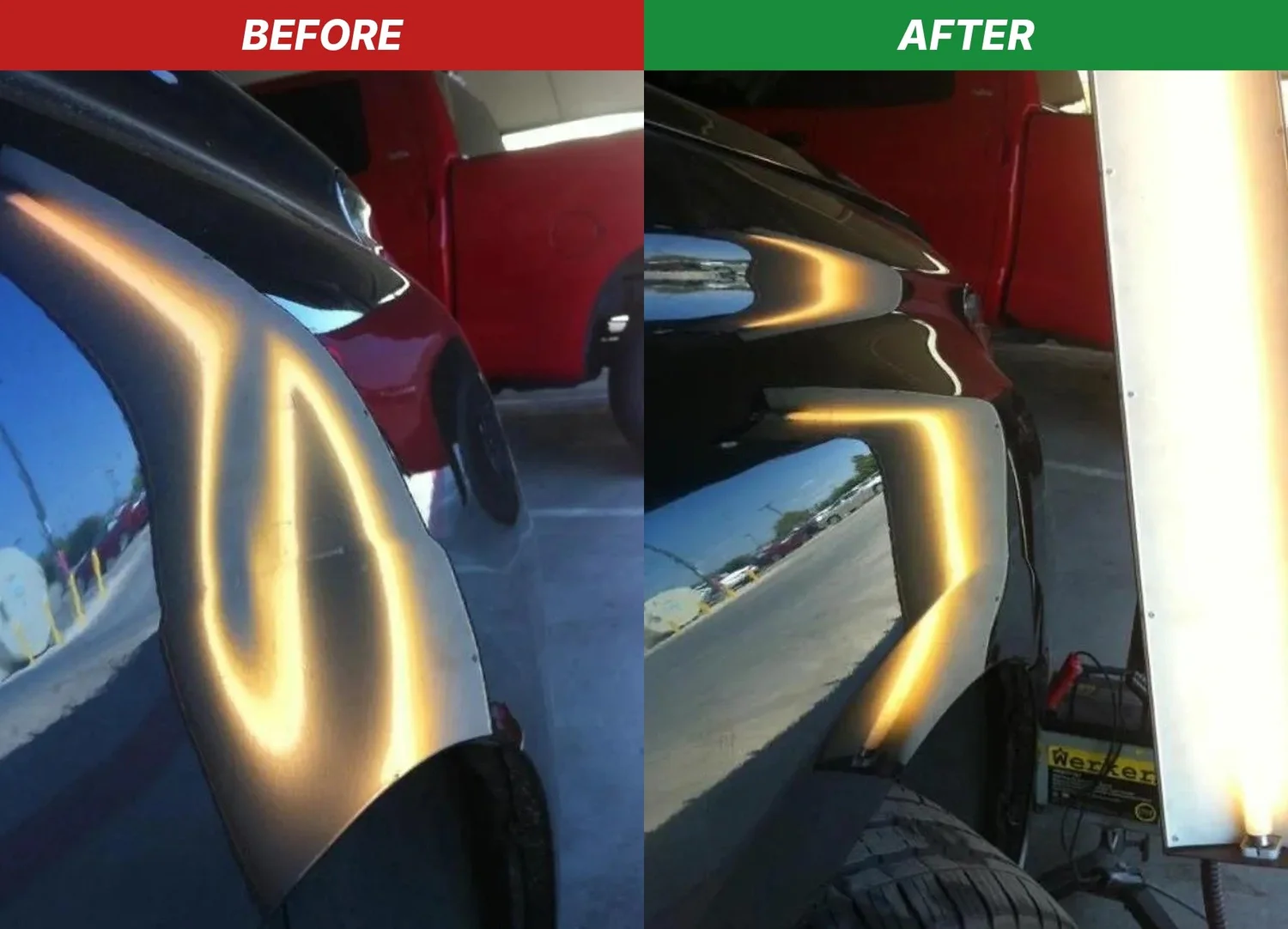 Fender before and after paintless dent repair