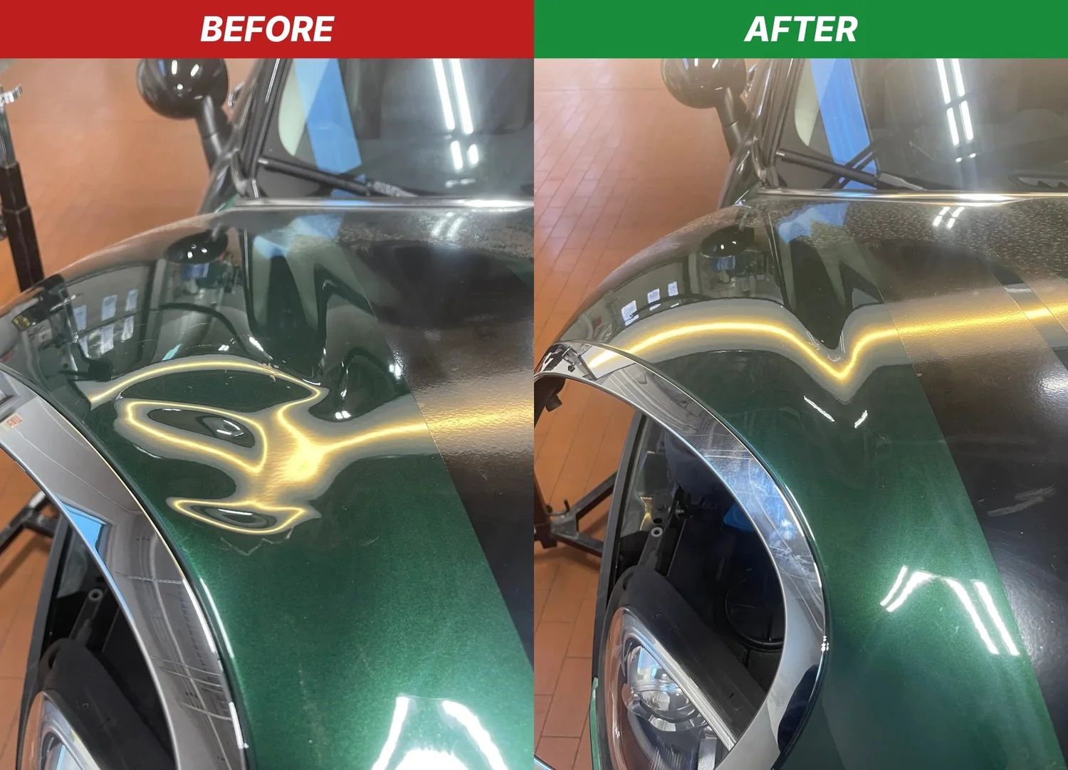 MINI, front fender before and after paintless dent repair