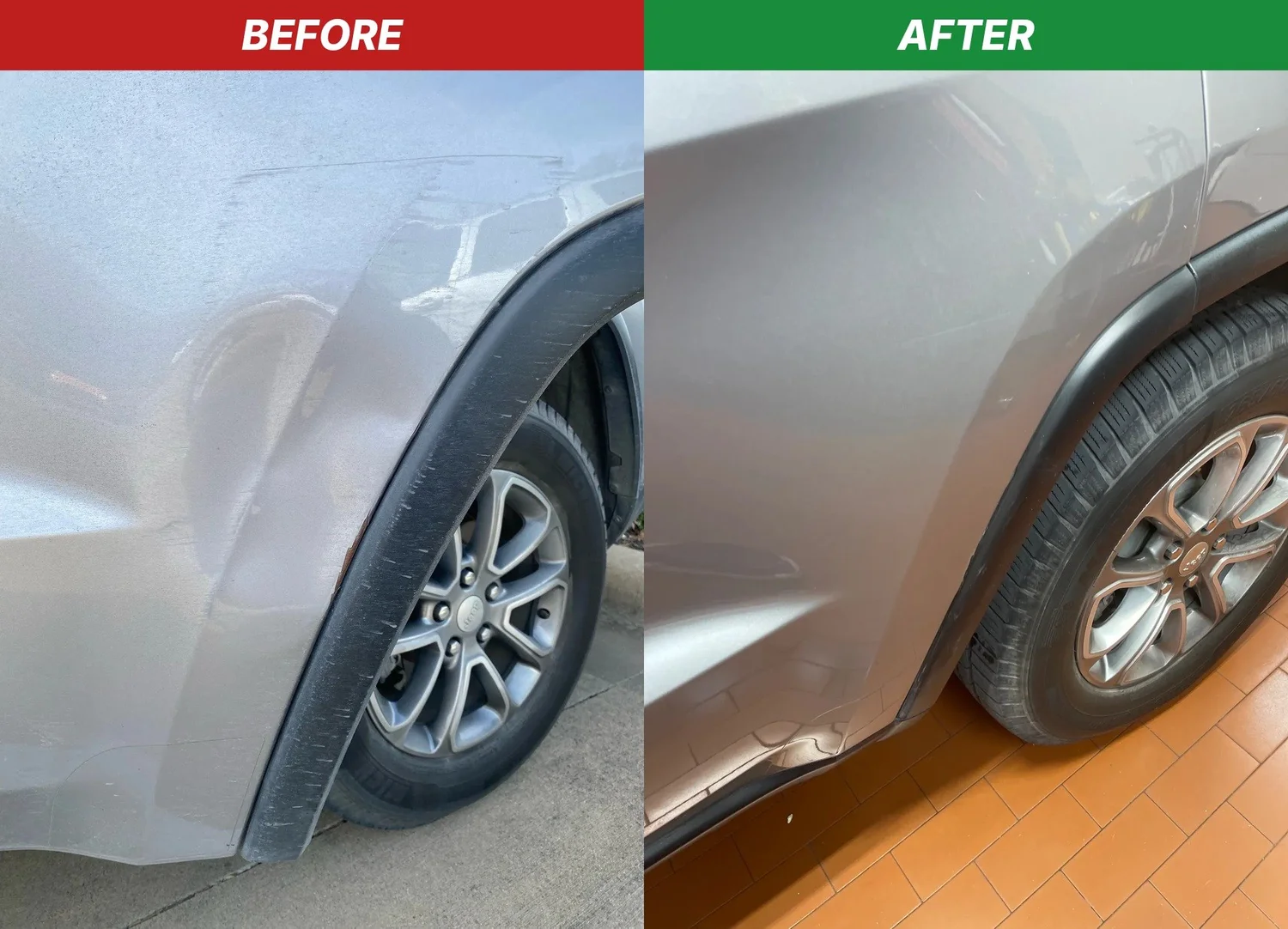 Jeep, quarter panel before and after paintless dent repair