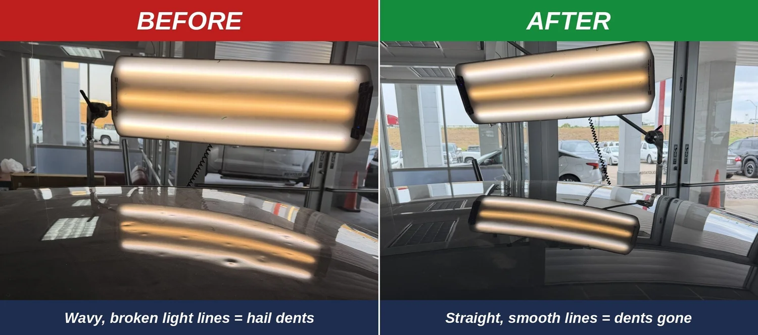 Hail damage, roof before and after paintless dent repair