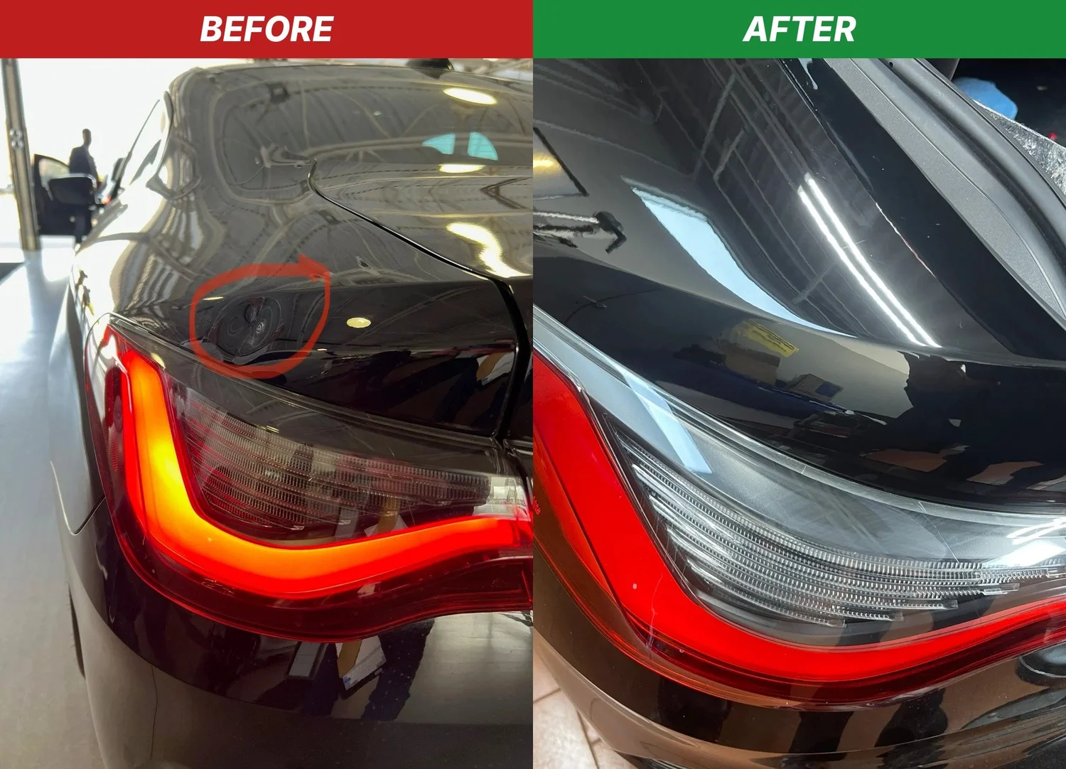 Rear quarter panel before and after paintless dent repair