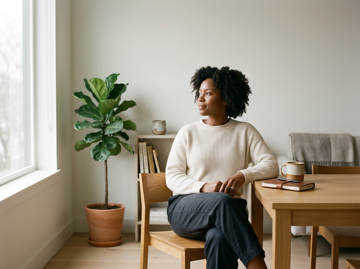 A woman sitting at a table beside a window in a calm, welcoming indoor environment.
