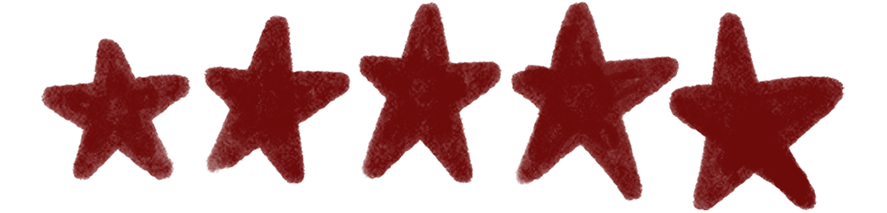 five hand-drawn dark red stars