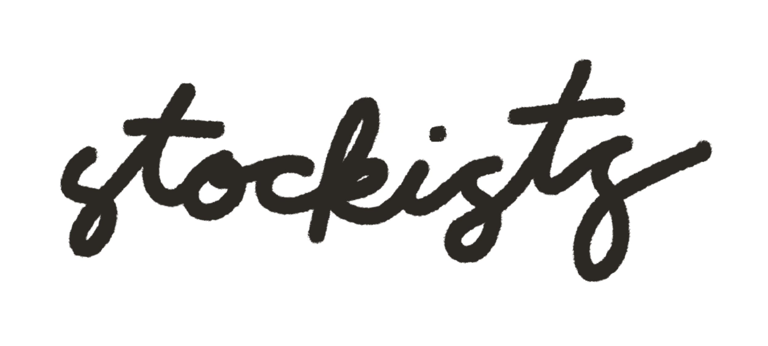 Stylized black handwriting of the word "stockists" on a plain white background.