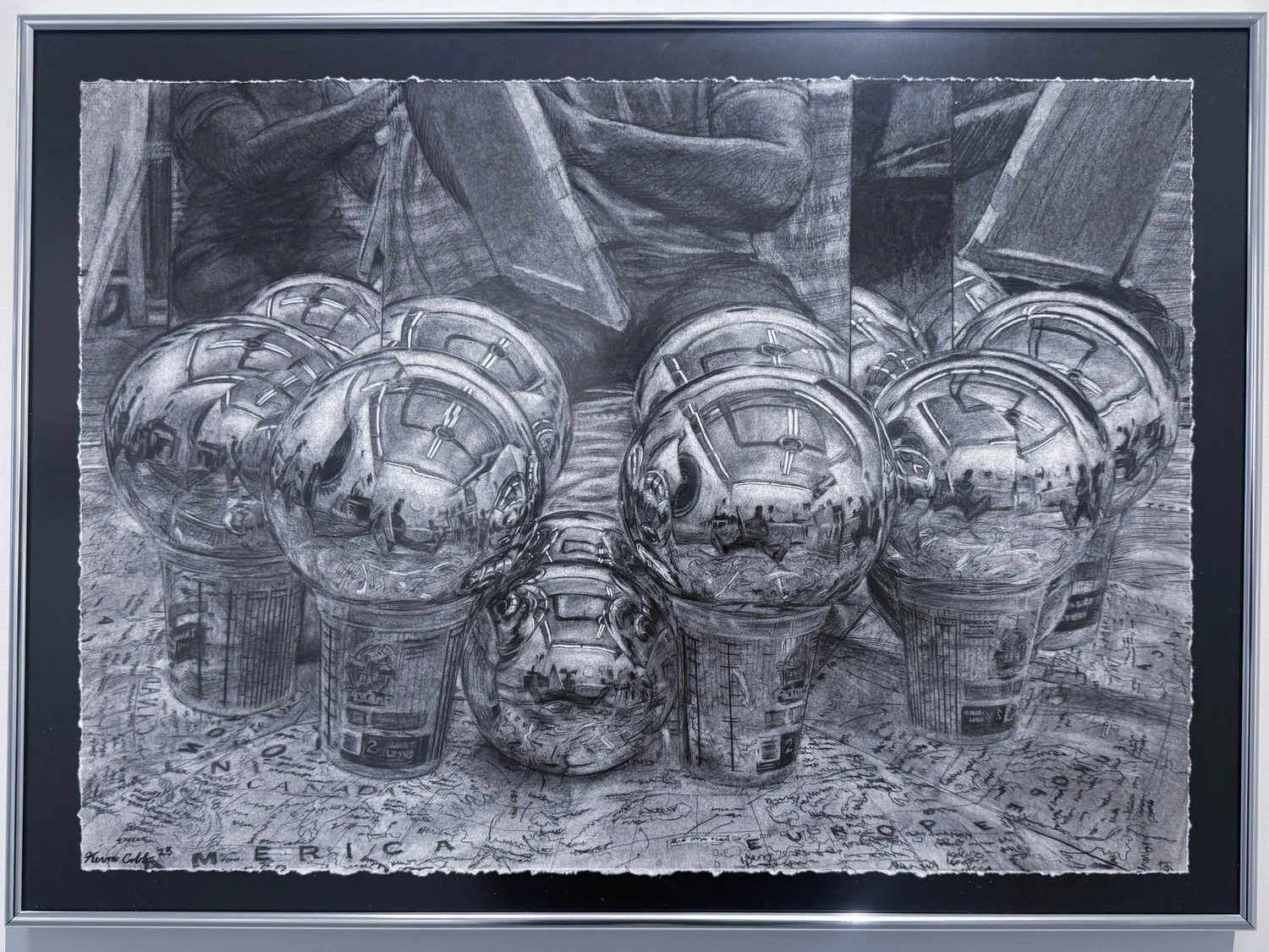 Atlantean Trinity, 2025 — Charcoal on paper (metallic frame), 18 × 24 in.
