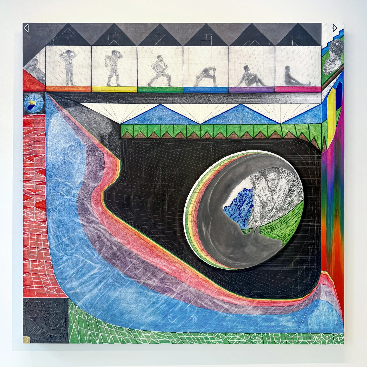 LO, 2025 — Oil, Ink, Colored Pencil, Graphite, Charcoal, Wax, Oil Pastel, and Metallic Paint on Panel · 60 × 60 in.