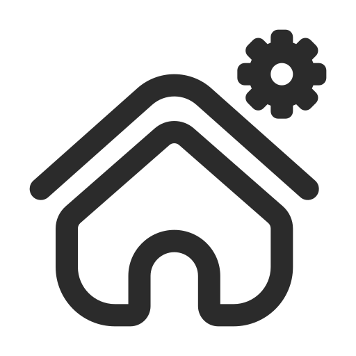 Home icon with a gear in the top right corner.