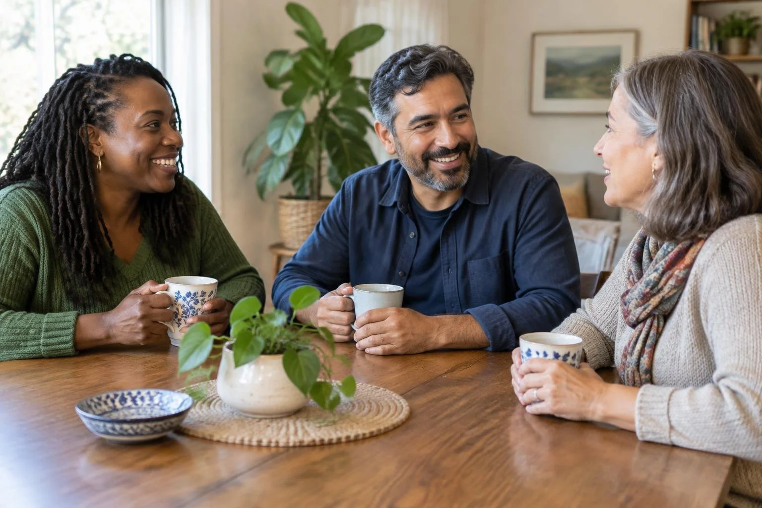 Three adults sitting at a wooden table, having a conversation and smiling while holding coffee cups, with a plant and framed picture in the background.