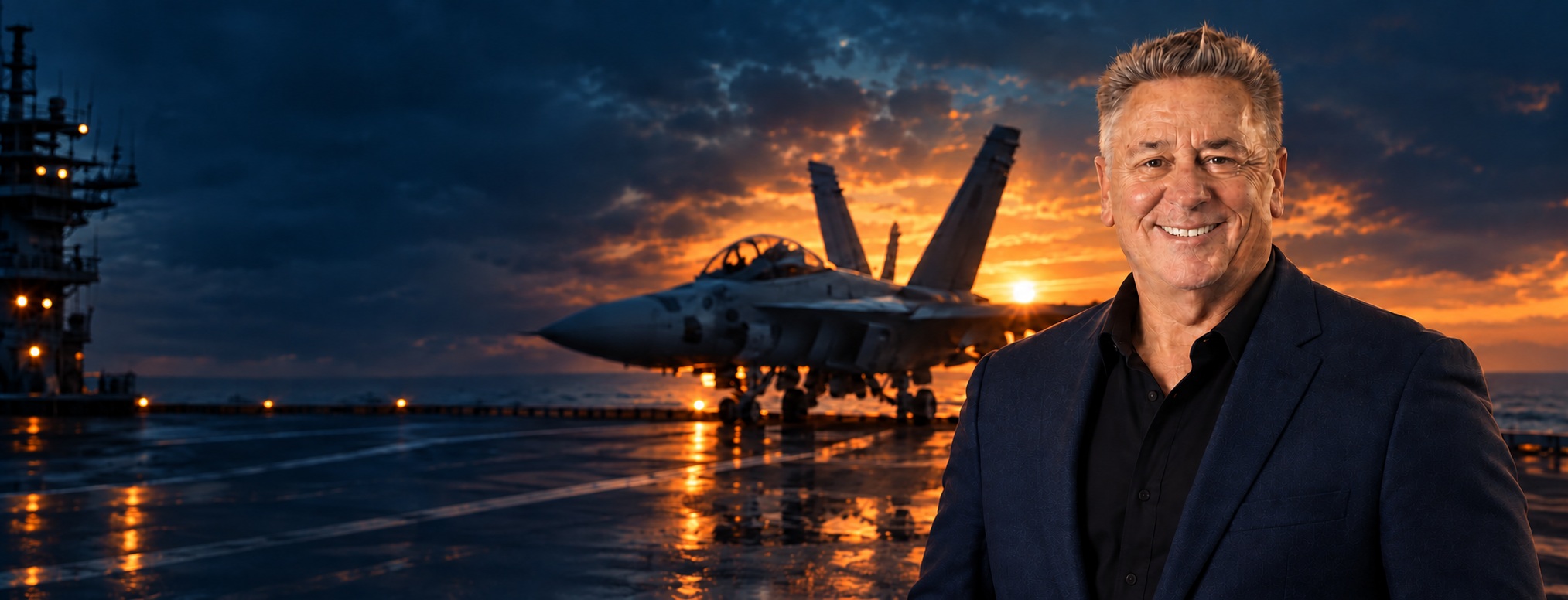 Joe Papay with a fighter aircraft on an aircraft carrier at sunset