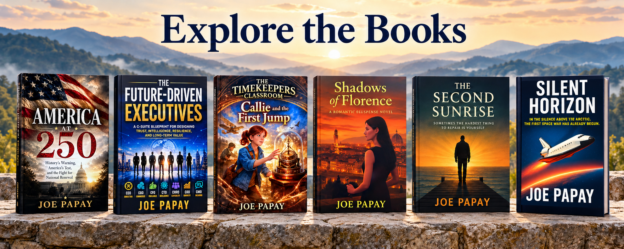 Featured books by Joe Papay displayed against a mountain sunrise