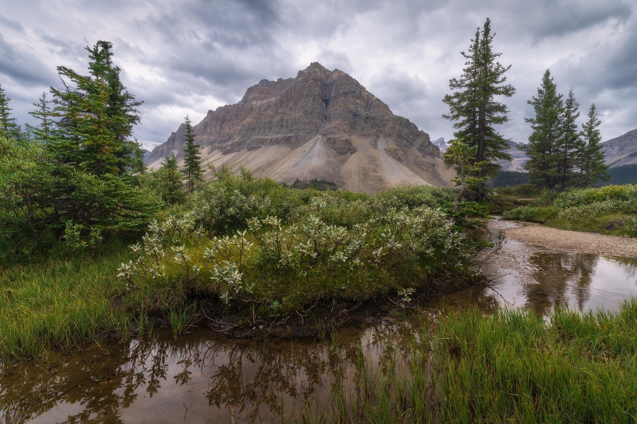 A mountain with rocky, layered formations surrounded by lush green trees and bushes. There is a small creek in the foreground, with reflections of the trees and mountain in the water. The sky is overcast with gray clouds.
