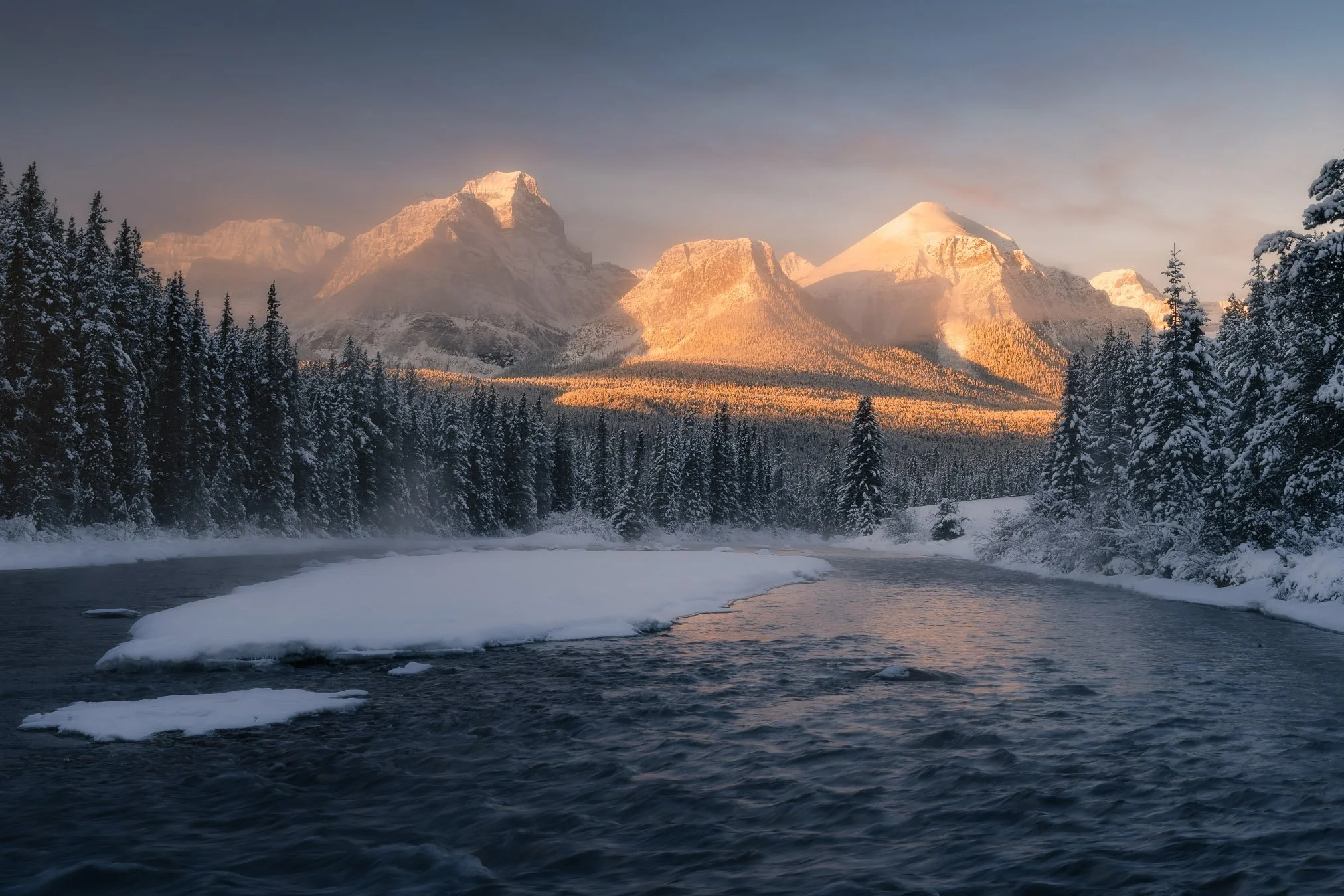 Snow-covered trees by a river with mountains in the background, illuminated by sunset.