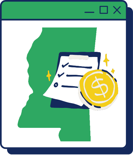 Illustration of a computer window displaying a to-do list with checkmarks and a large dollar coin.