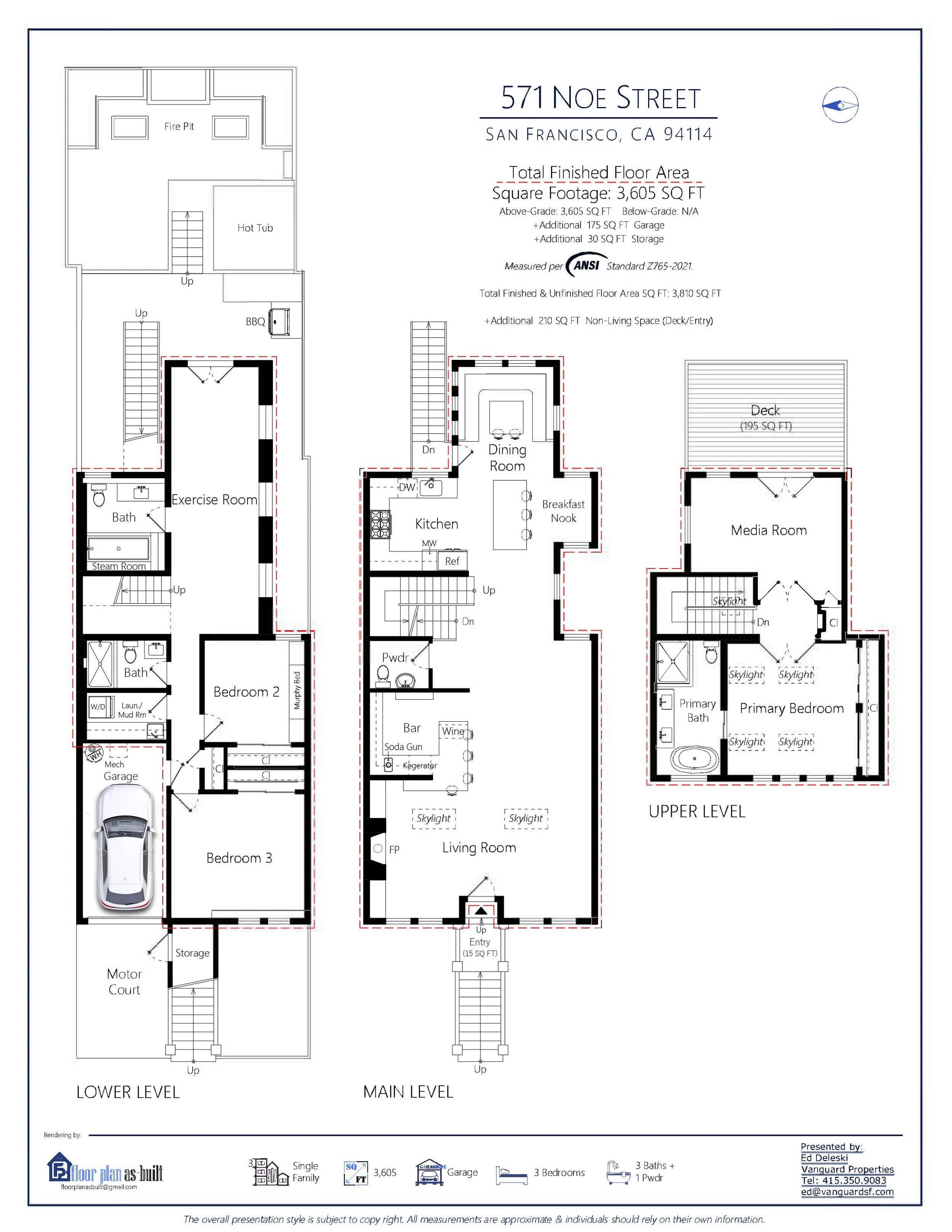 Architectural floor plan of a house showing various rooms on the lower, main, and upper levels, including bedrooms, bathrooms, living spaces, and outdoor decks.