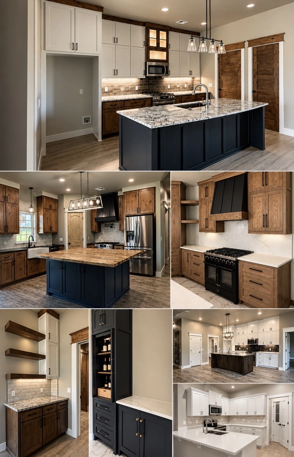 Collage of several modern kitchen interiors with various cabinetry, countertops, and appliances, featuring wood and painted finishes.