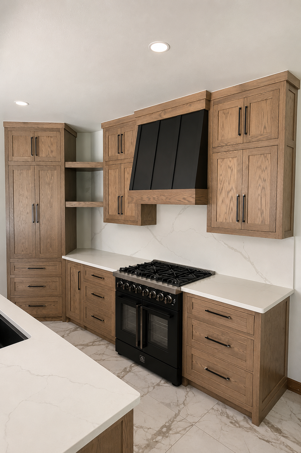 Kitchen with wooden cabinets, black range oven, marble backsplash, and white countertops.