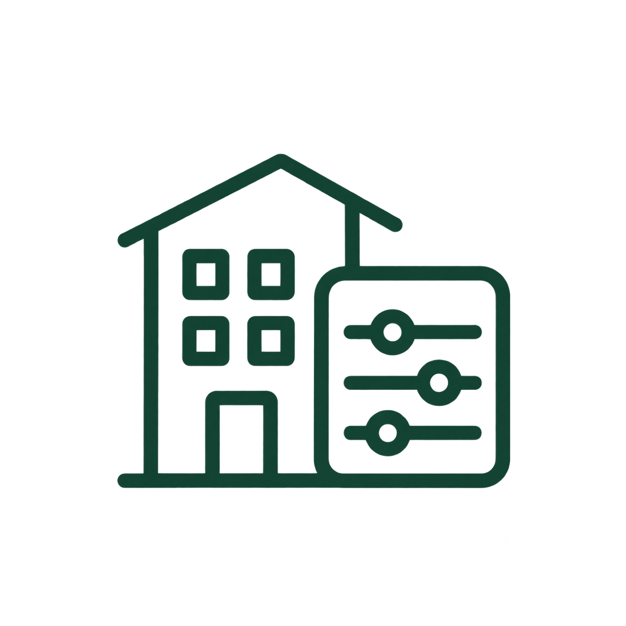 Digital icon of a house with a building and control sliders symbol, green highlights and a dark background.