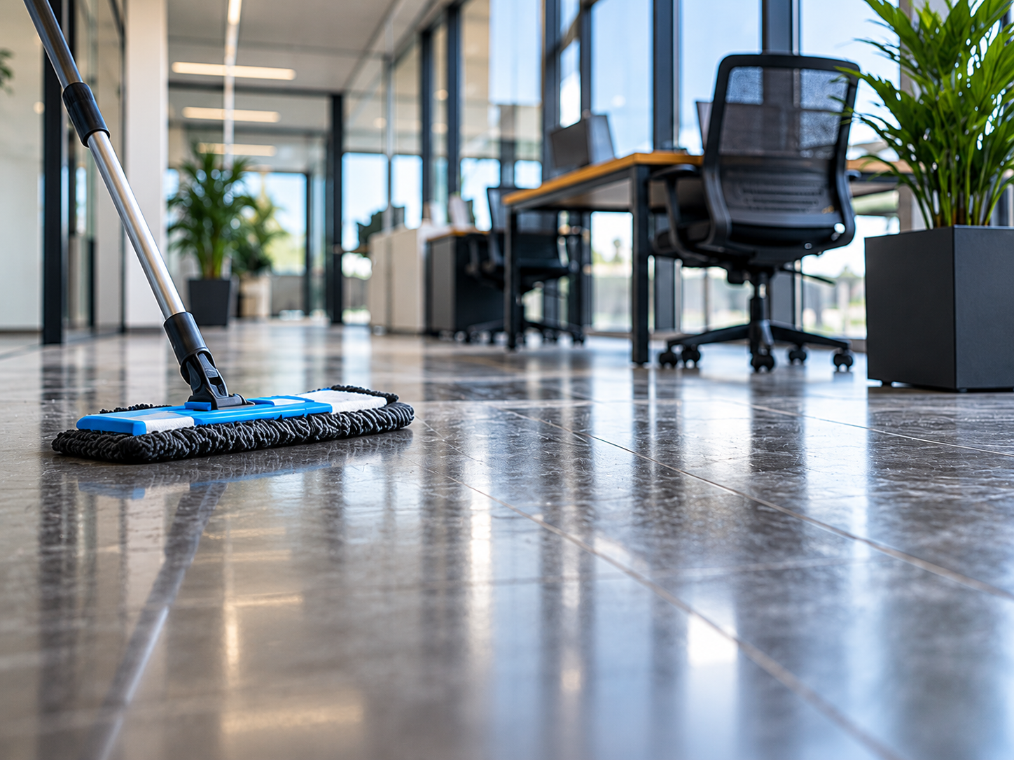 Office space with a floor cleaning mop in the foreground and desks, office chairs, and large windows in the background.