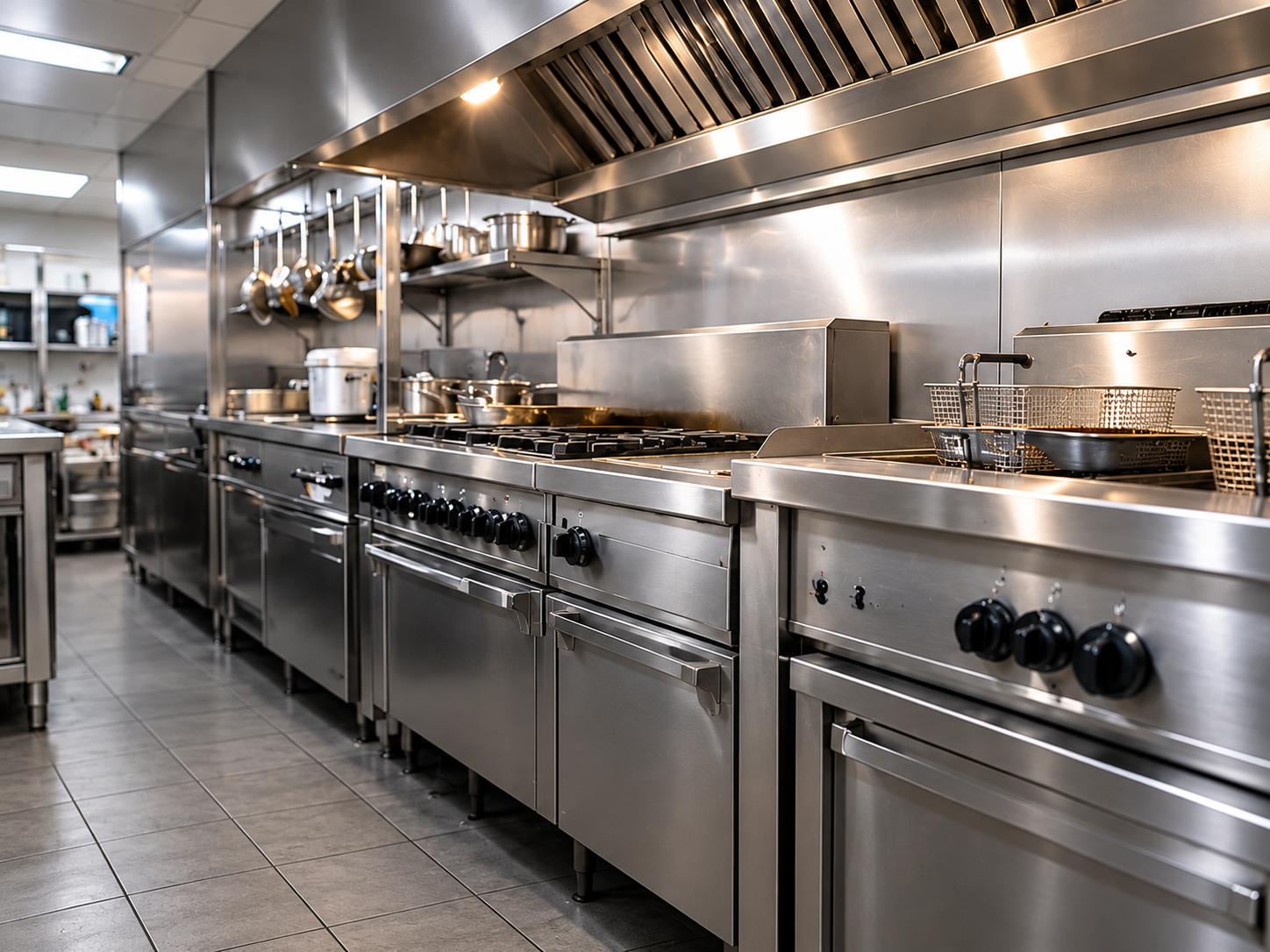 Commercial stainless steel kitchen with stove, oven, and pots