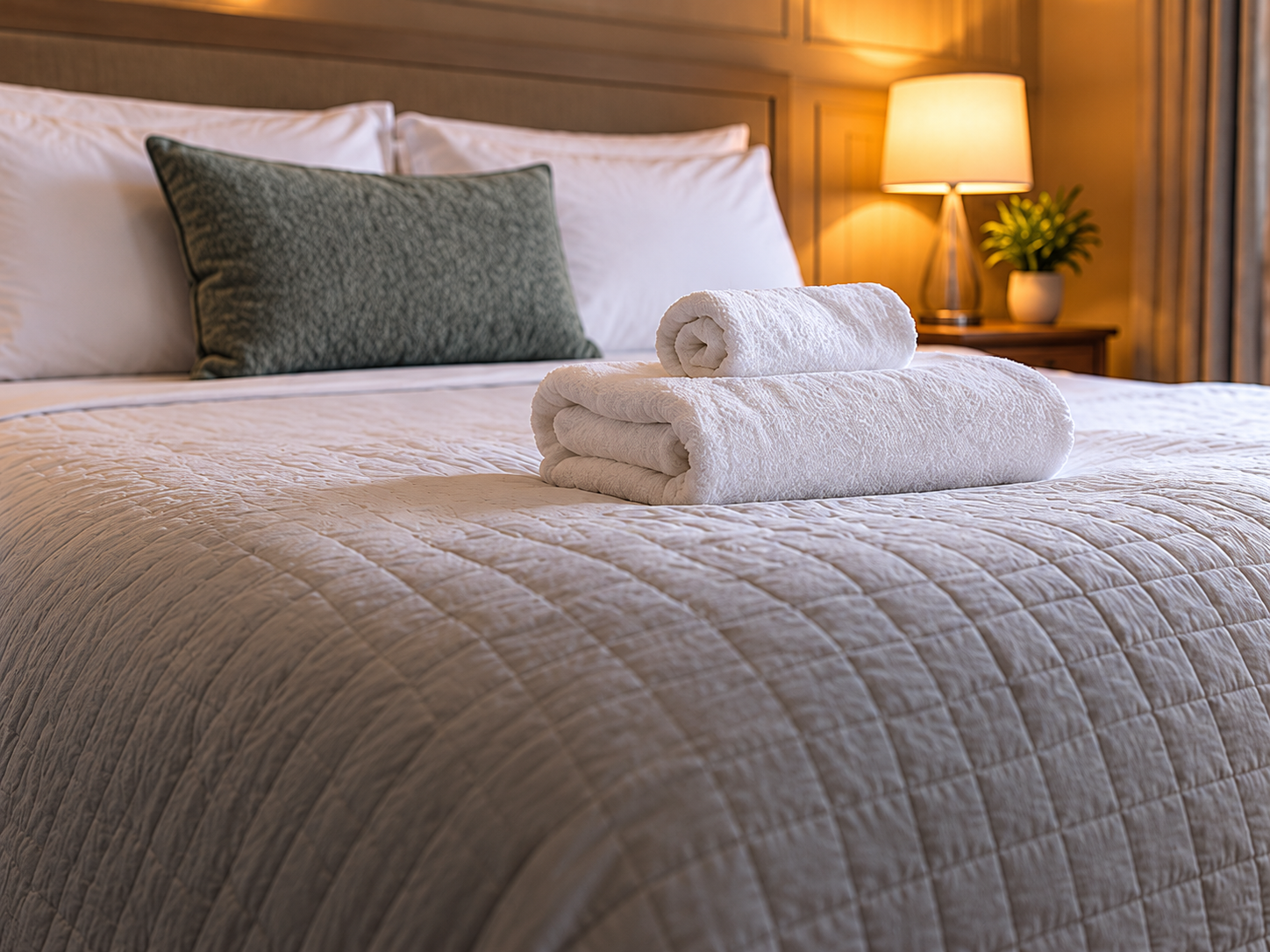 Hotel room with a neatly made bed, two rolled white towels on top, a pillow with a dark pillowcase, a lamp on a nightstand, and a potted plant in the background.