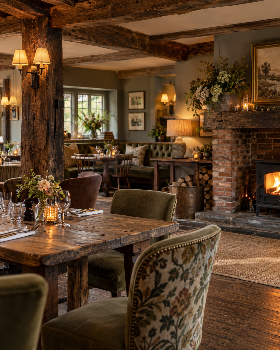 Cozy rustic restaurant interior with wooden beams, a brick fireplace, and elegant tables set with flowers, candles, and wine glasses.