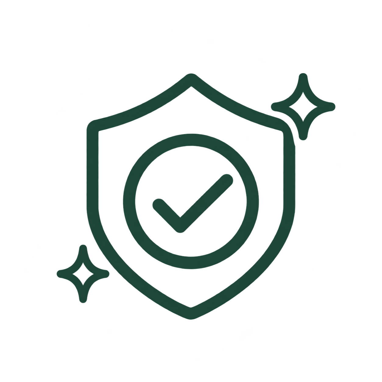 Shield with a checkmark inside, surrounded by sparkles, representing security or protection.
