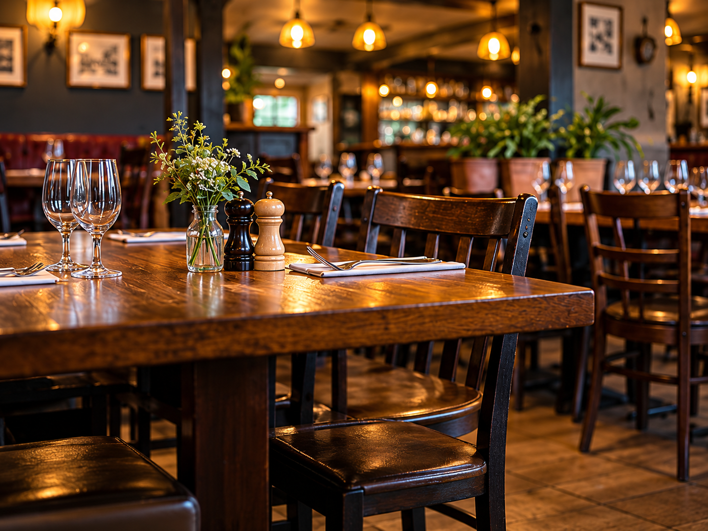 A cozy restaurant interior with a wooden table set with two wine glasses, a small flower vase, salt and pepper shakers, and napkins with cutlery, surrounded by wooden chairs and warm lighting.