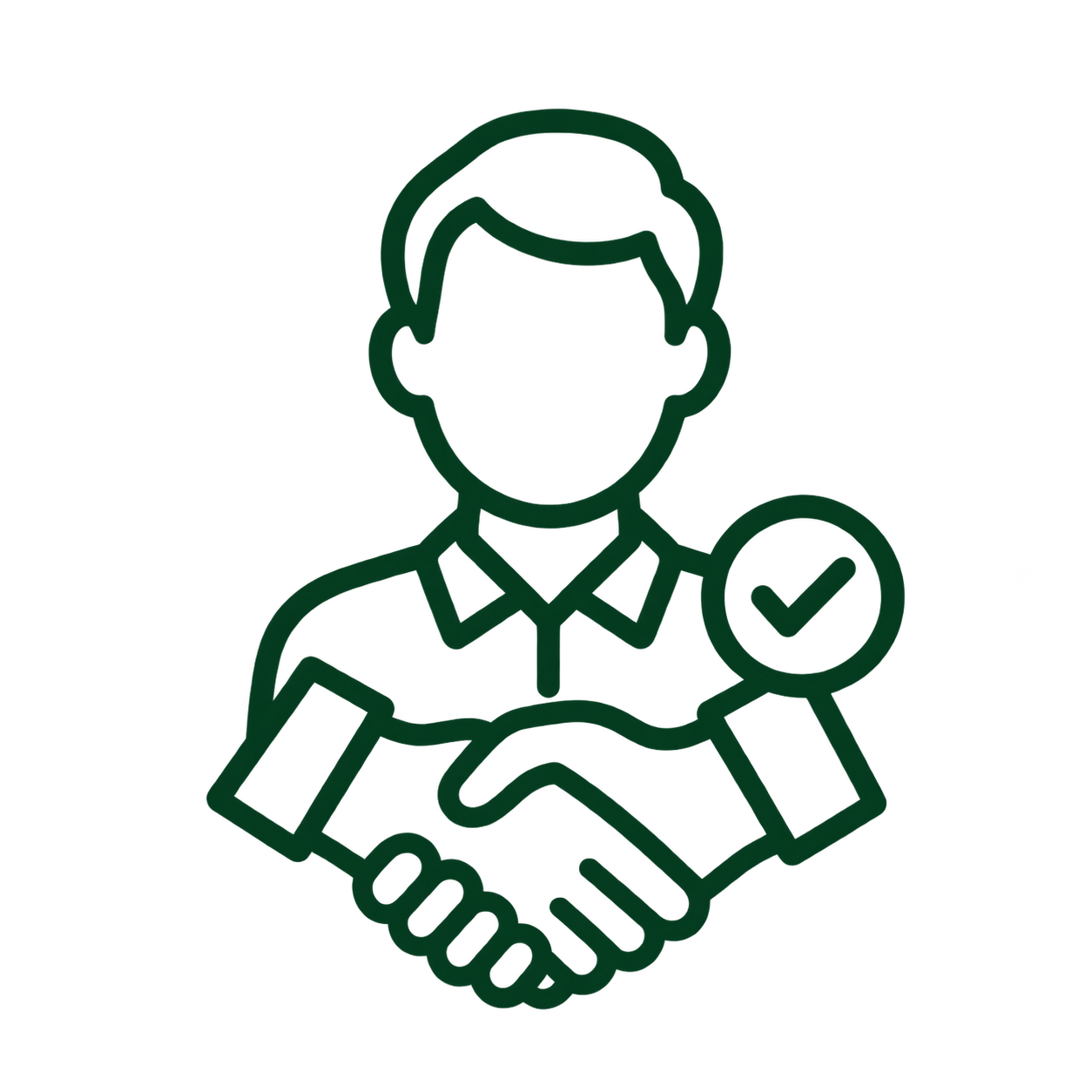 Line drawing of a person with short hair giving a handshake, with a check mark icon near them.