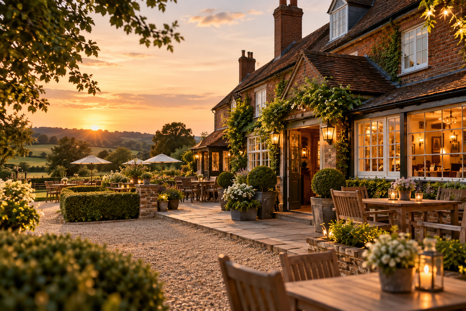 An inviting outdoor patio of a cozy farm-style restaurant during sunset, decorated with potted plants, lanterns, and wooden tables and chairs, overlooking rolling green hills.