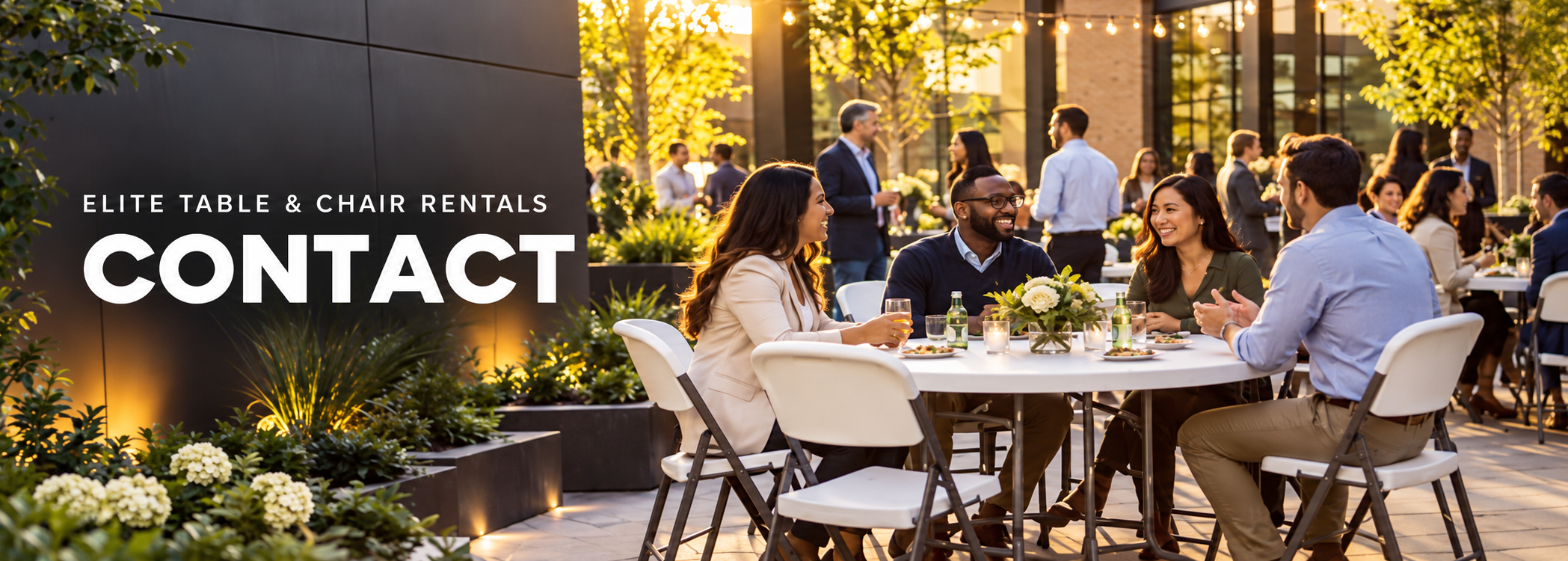 People socializing at an outdoor event during sunset, sitting at a table with flowers and drinks, with others standing and talking in the background.