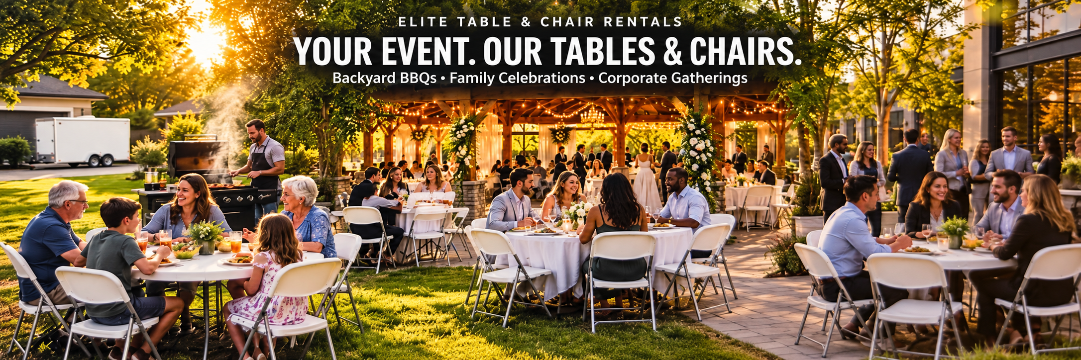 An outdoor celebration with multiple round tables and white chairs, a wooden pavilion decorated with flowers and string lights, and people enjoying food and conversation during sunset.