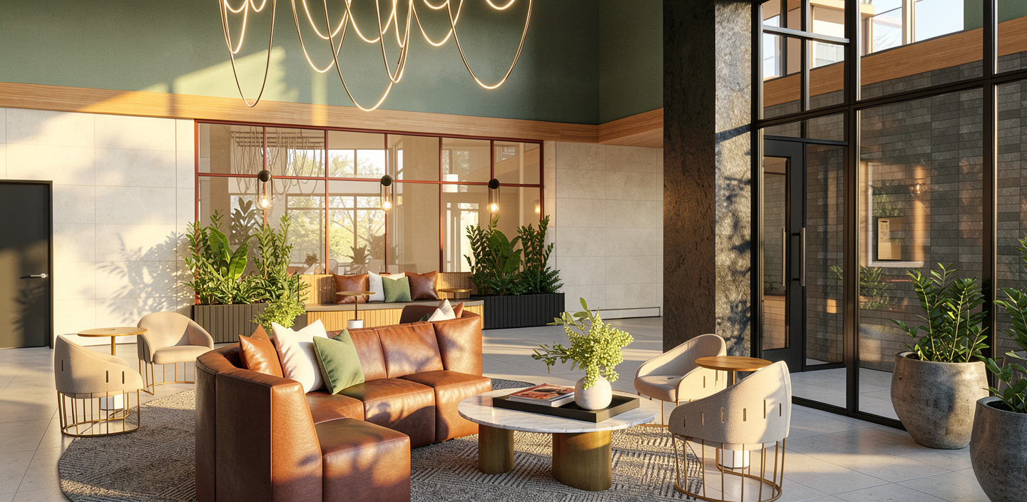 Artist’s rendering of the sunlit lobby lounge at 131 Irving Avenue.