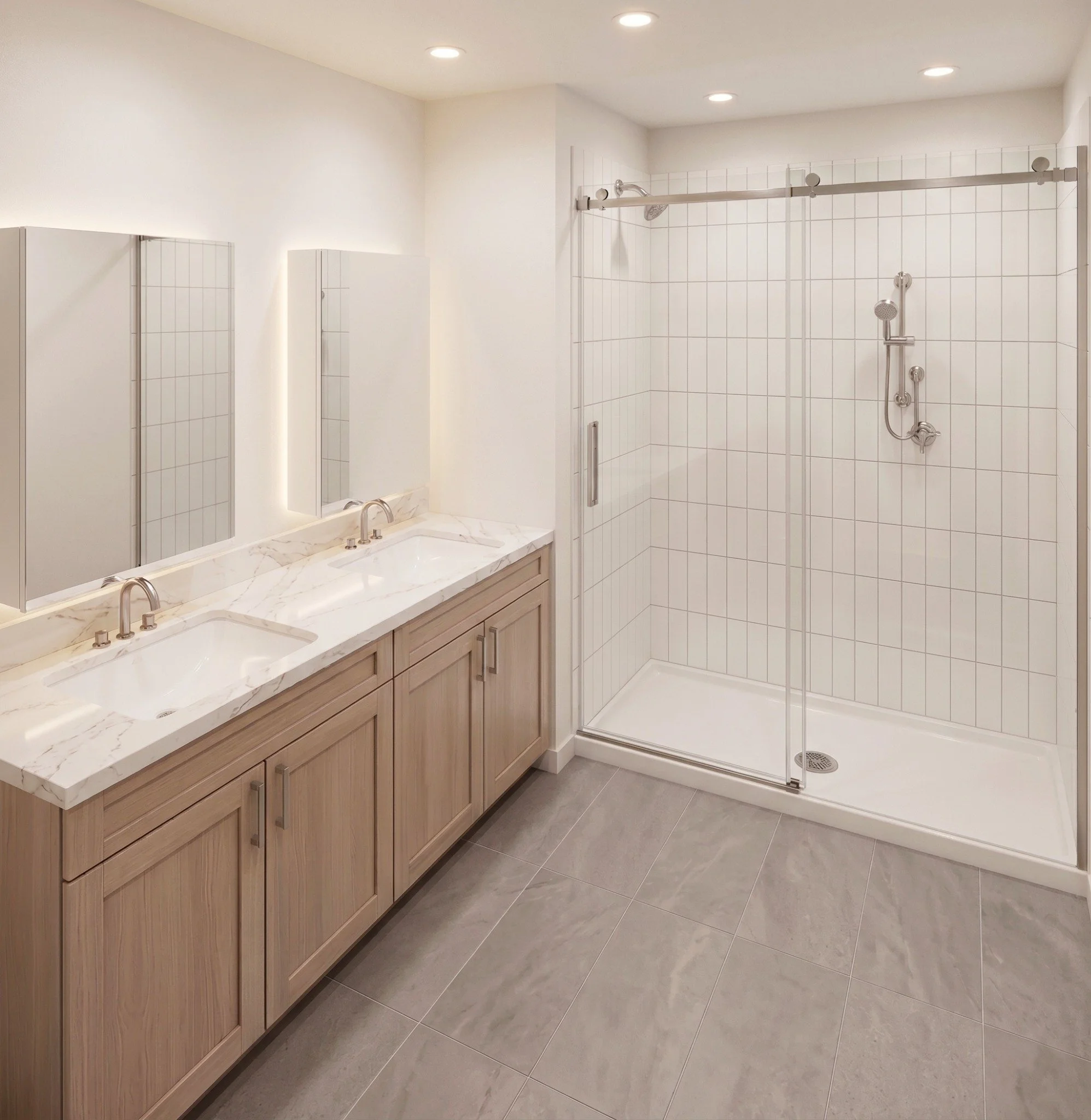 A calm, contemporary bathroom. Artist’s rendering.