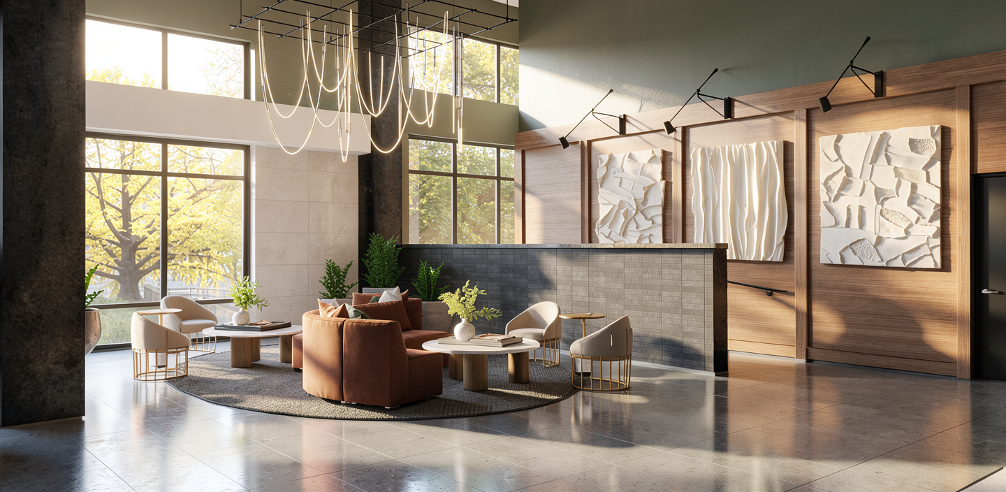 The lobby — a warm welcome home. Artist’s rendering.