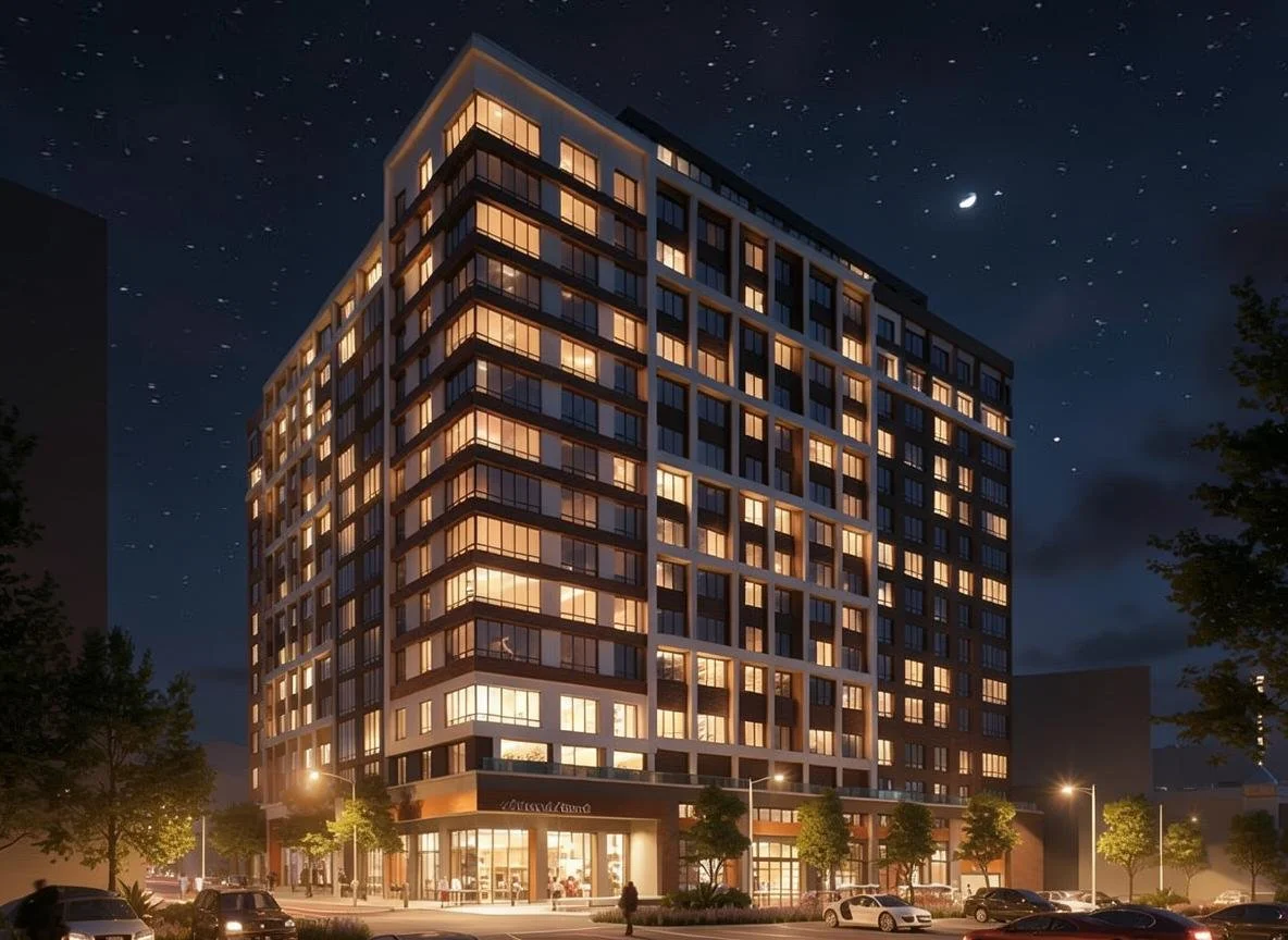 Artist’s rendering of 131 Irving Avenue illuminated at night in Port Chester.