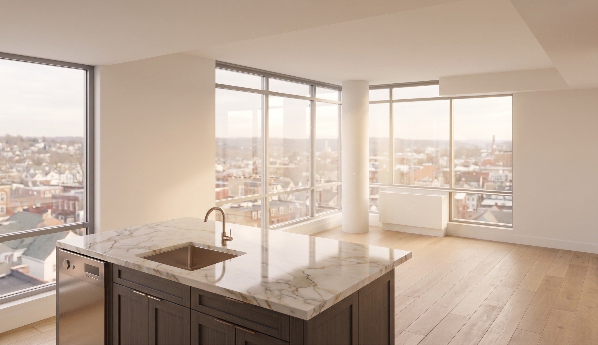 Light-filled apartment interiors. Artist’s rendering.