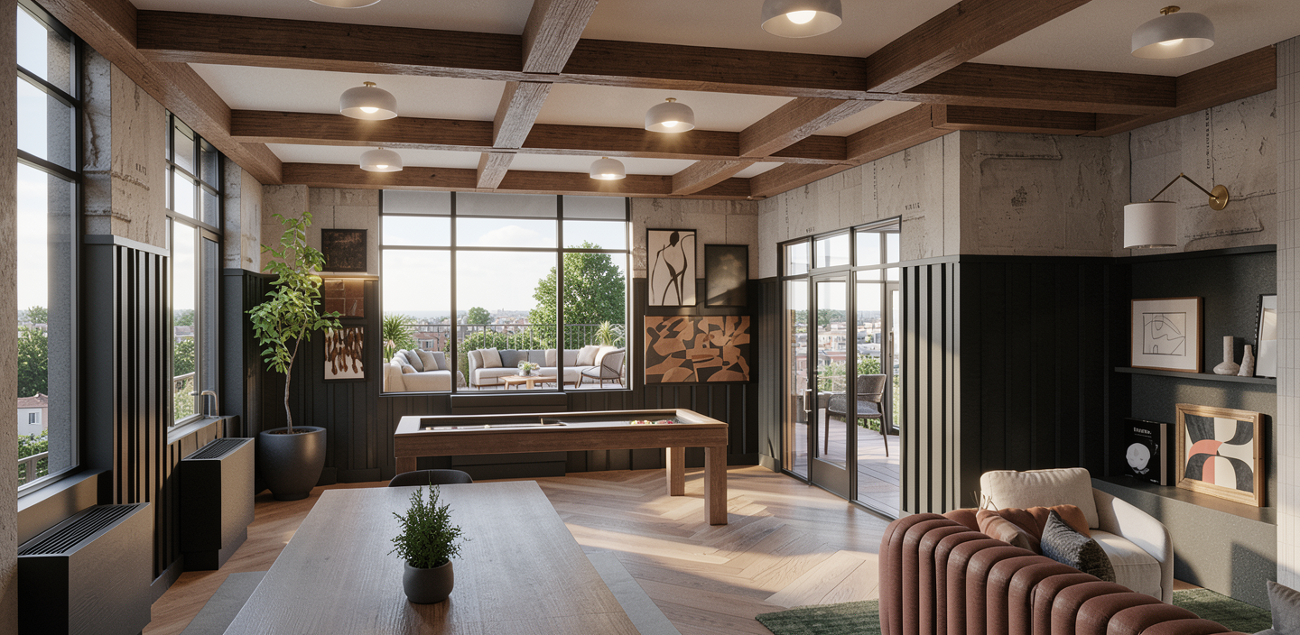 The lounge — gather, unwind, and enjoy a game. Artist’s rendering.