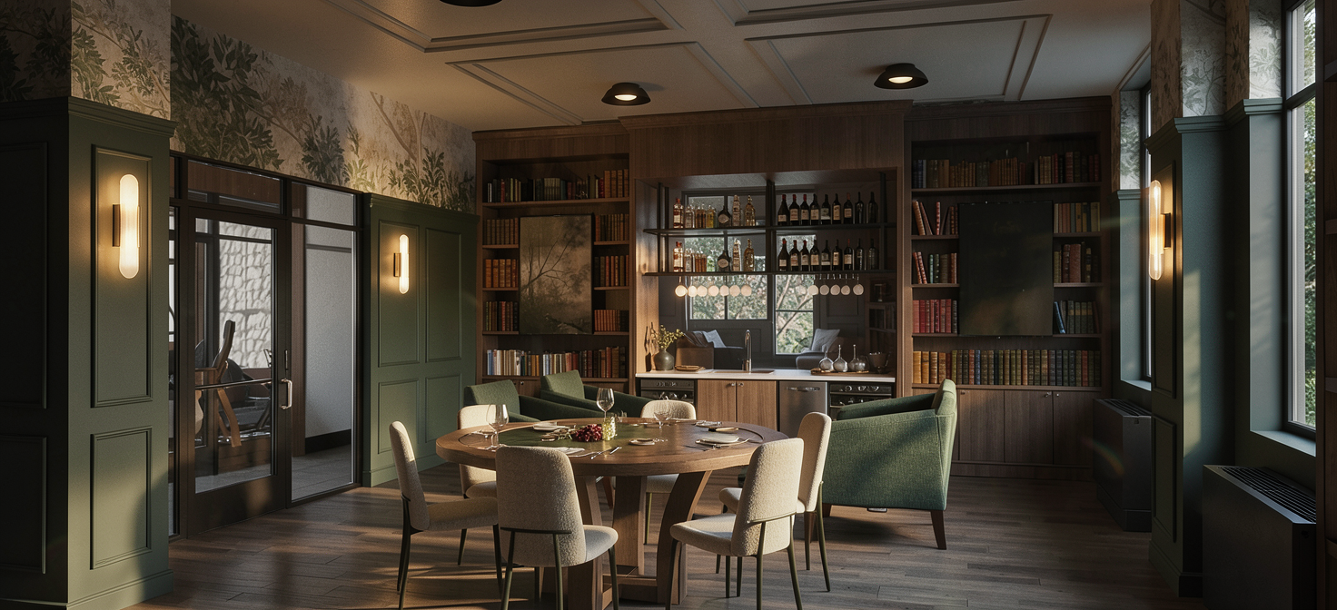 The parlor — a richly detailed place to gather. Artist’s rendering.