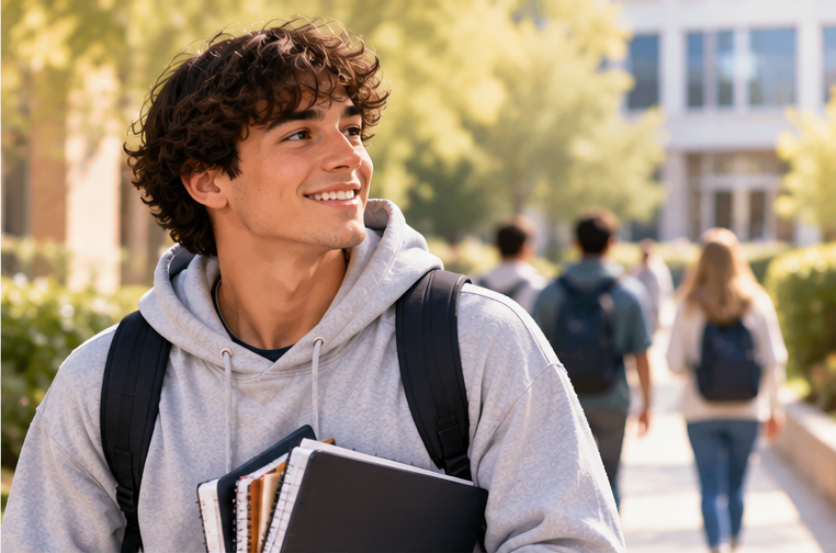 A young man with curly brown hair smiling, wearing a gray hoodie and carrying backpacks and notebooks, standing outdoors on a college campus with other students walking behind him.