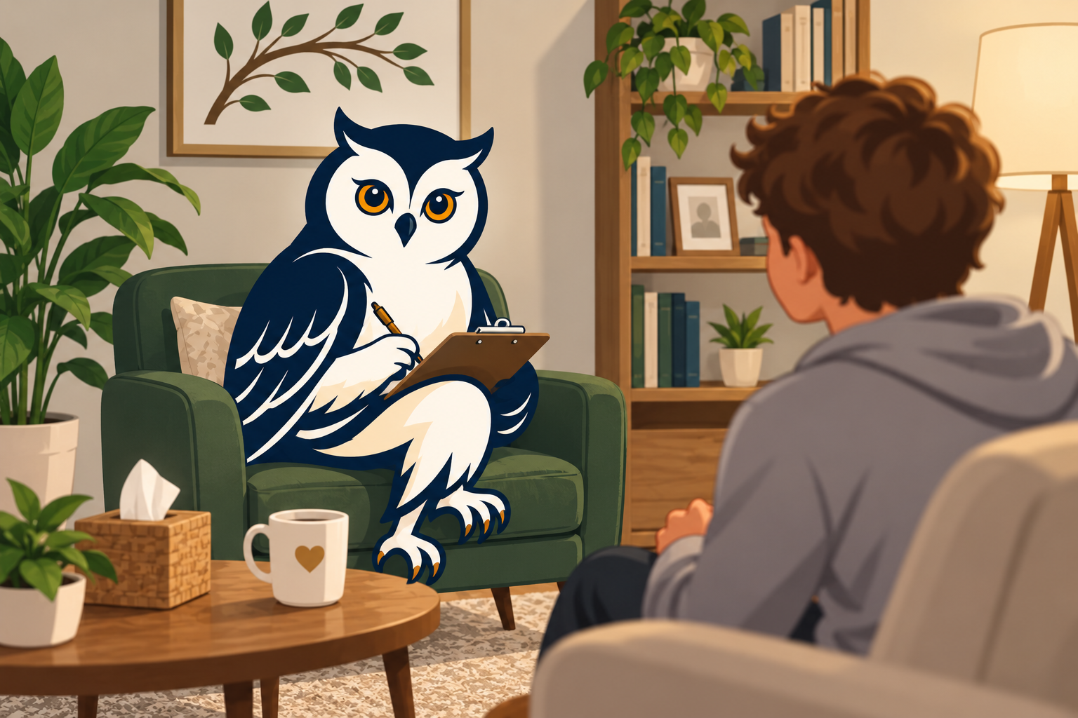 An animated scene of a young man sitting in a cozy living room during a therapy session with a talking owl. The owl, holding a clipboard and pen, is seated on a green armchair, while the man is seated on a white chair. The room has potted plants, a wooden bookshelf, framed pictures, and warm lighting.