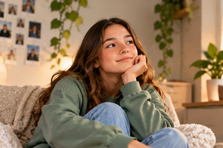 A young woman with long, wavy brown hair, wearing a green sweatshirt and blue jeans, sitting on a sofa with a thoughtful expression, resting her chin on her hand, in a cozy room with photos on the wall and houseplants nearby.