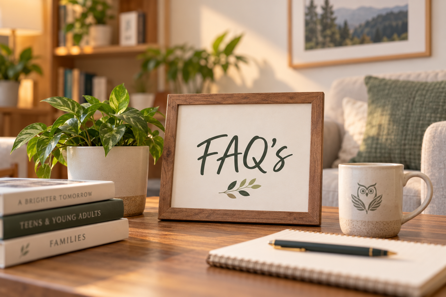 A wooden table with a potted plant, a framed sign that reads 'FAQ's,' a stack of books, a mug with an owl design, a notepad, and a pen, with a cozy living room in the background.