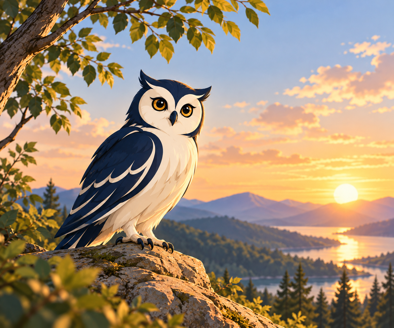 Animated owl perched on a rock with mountains, a river, trees, and a setting sun in the background.