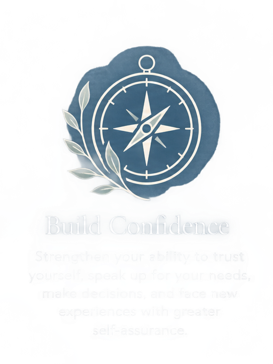 A compass surrounded by a laurel branch, with the text 'Build Confidence' and a motivational message about trusting yourself and facing new experiences.