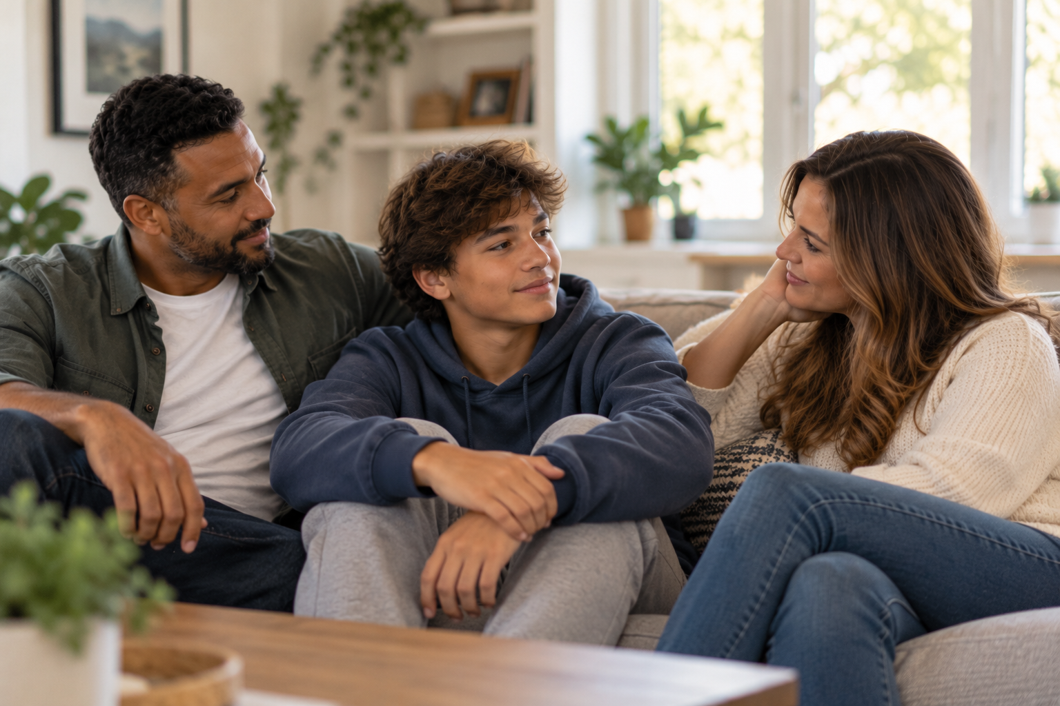A happy family of three sitting on a sofa, smiling and looking at each other, in a cozy living room.