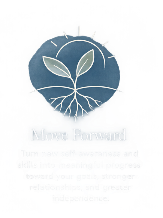 A motivational poster with a plant growth graphic and the text 'Move Forward' encouraging self-awareness and progress toward goals, stronger relationships, and independence.