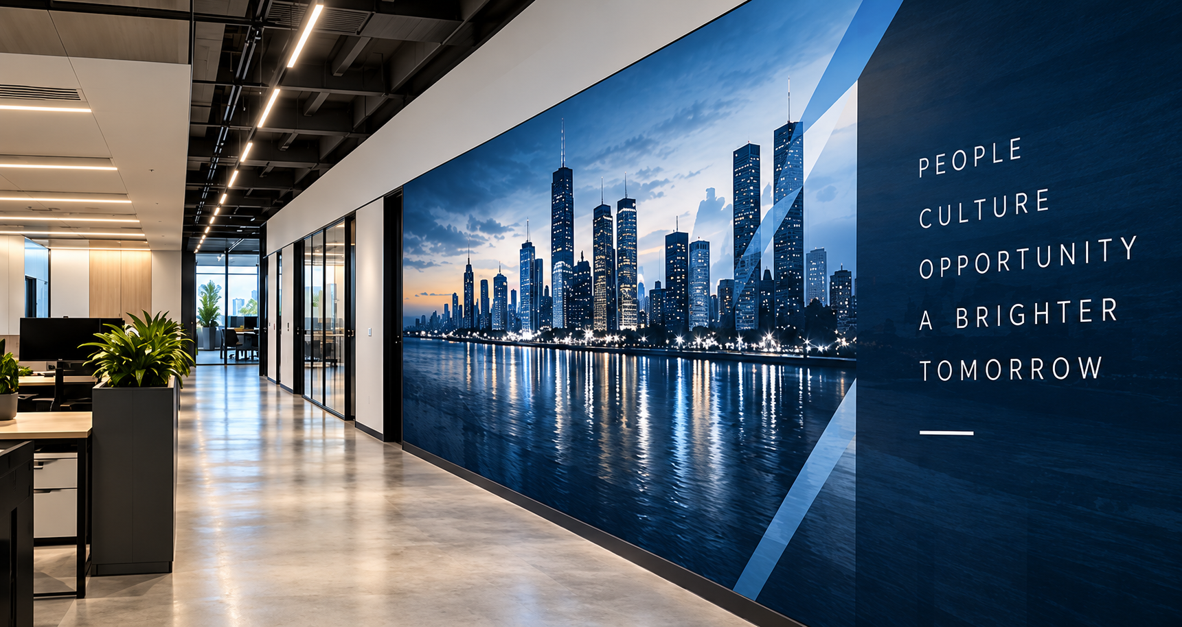 Illustrative corporate office corridor with a blue cityscape feature-wall mural beside glass meeting rooms.