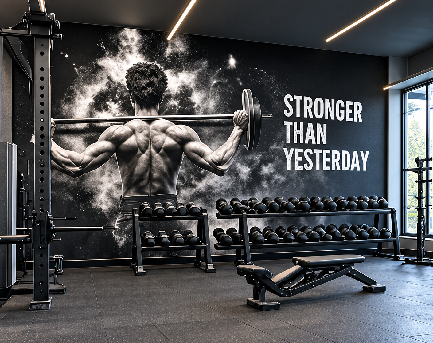 Illustrative gym interior with a monochrome weightlifter mural and STRONGER THAN YESTERDAY lettering.