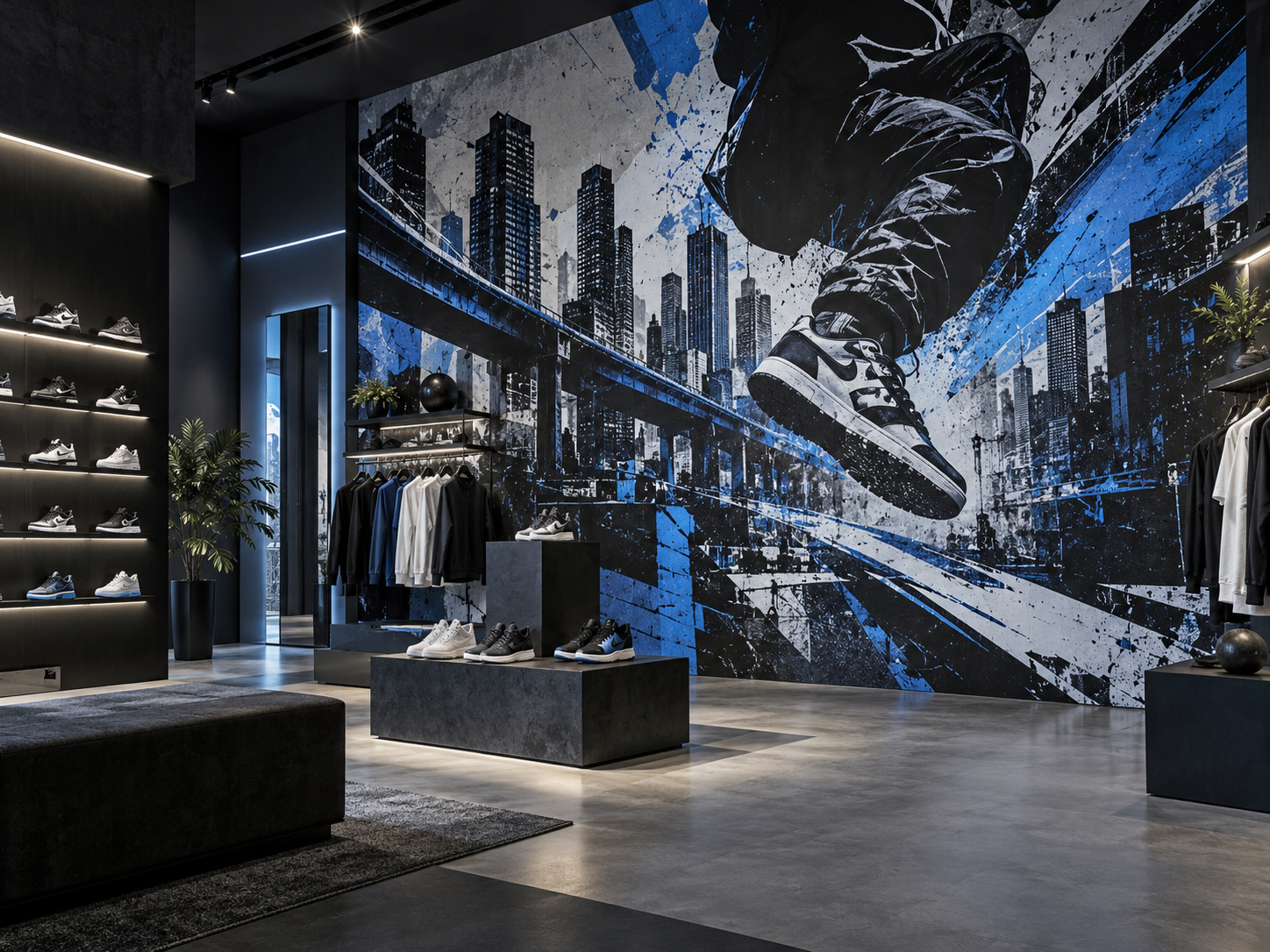 Illustrative sneaker showroom with a large blue, black and grey urban cityscape and shoe mural, illuminated shelving and display plinths.