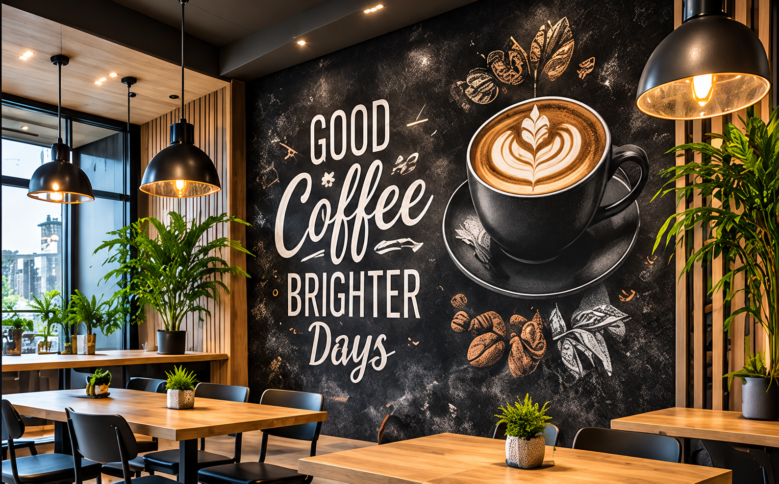 Illustrative café with a coffee-cup and botanical wall mural, Good Coffee Brighter Days lettering, wooden tables and pendant lights.